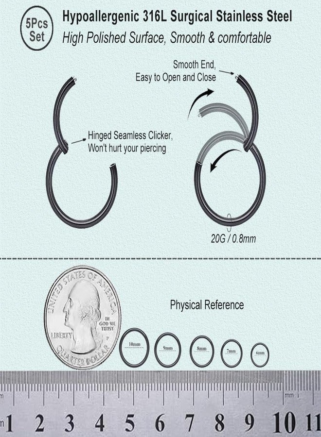 SEEDRILL 5pcs Hypoallergenic Nose Rings Hoops for Women Men 316L Surgical Steel Hinged Clicker Segment for Nostril Septum Helix Cartilage Daith Tragus Conch Rook Lip Ear Lobe Earrings 20G Black - Image 2